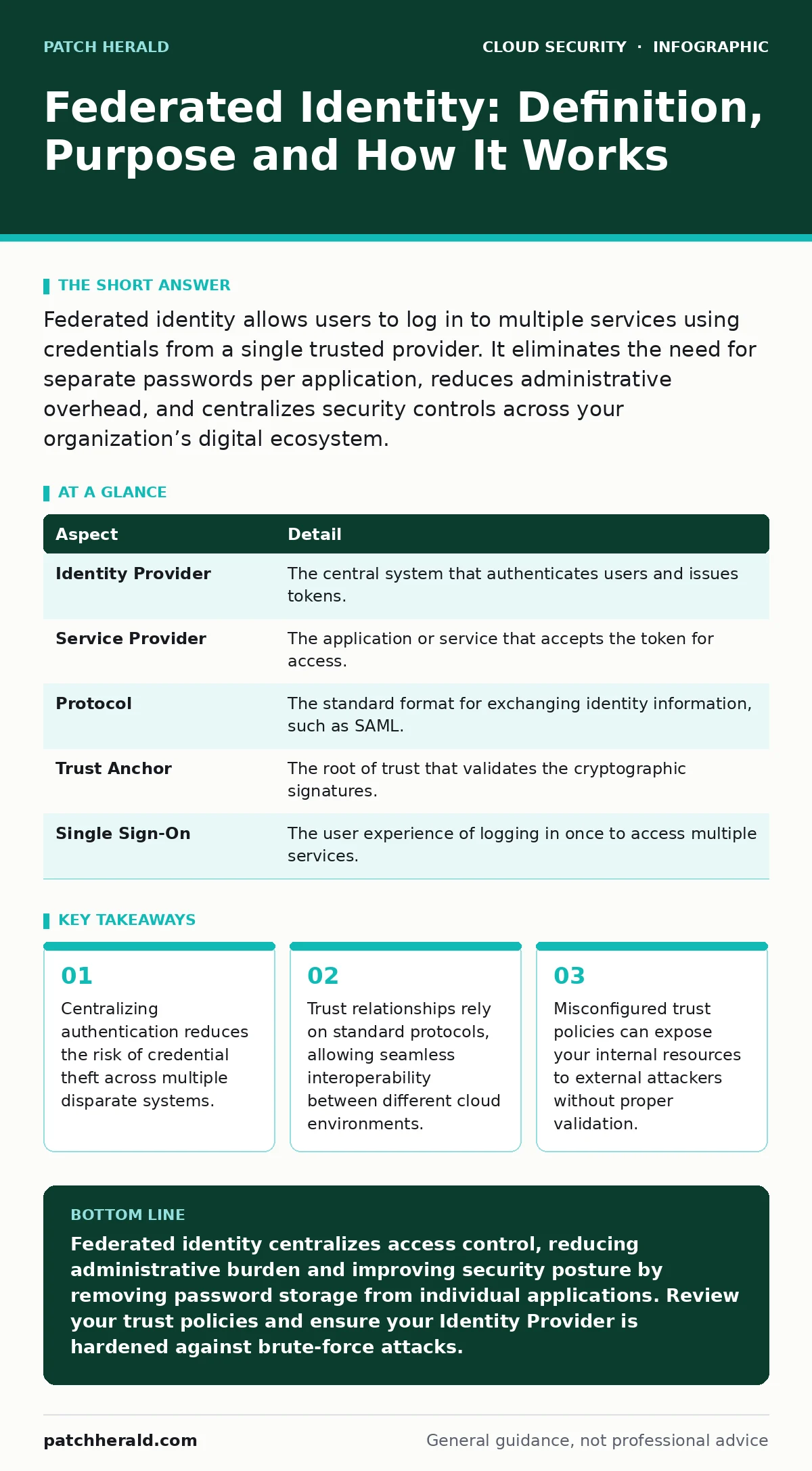 Infographic: Federated Identity: Definition, Purpose and How It Works. Centralizing authentication reduces the risk of credential theft across multiple disparate systems. Trust relationships rely on standard protocols, allowing seamless interoperability between different cloud environments. Misconfi