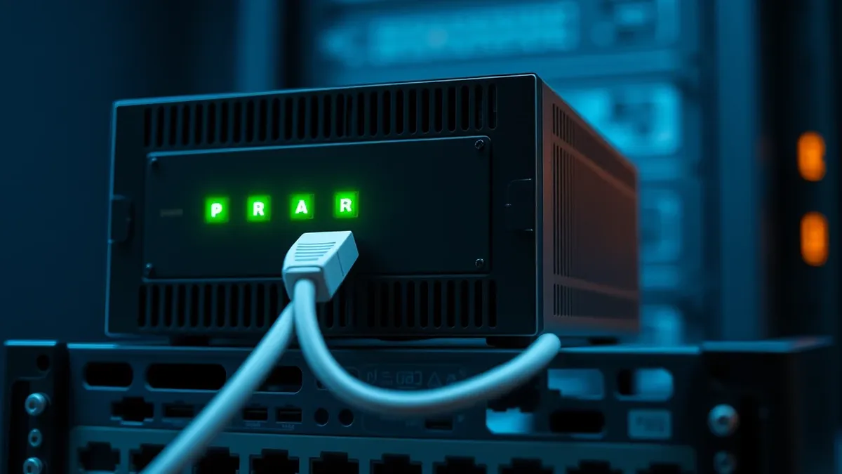 Illustration: A sleek black network firewall appliance sits on a metal rack, its front panel displaying three steady green status lights.