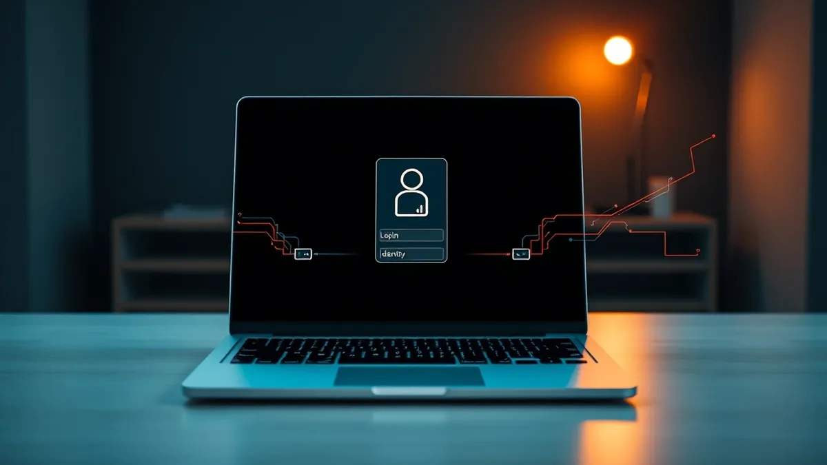 Illustration: A sleek laptop sits on a desk with its screen displaying a clean, abstract login interface.