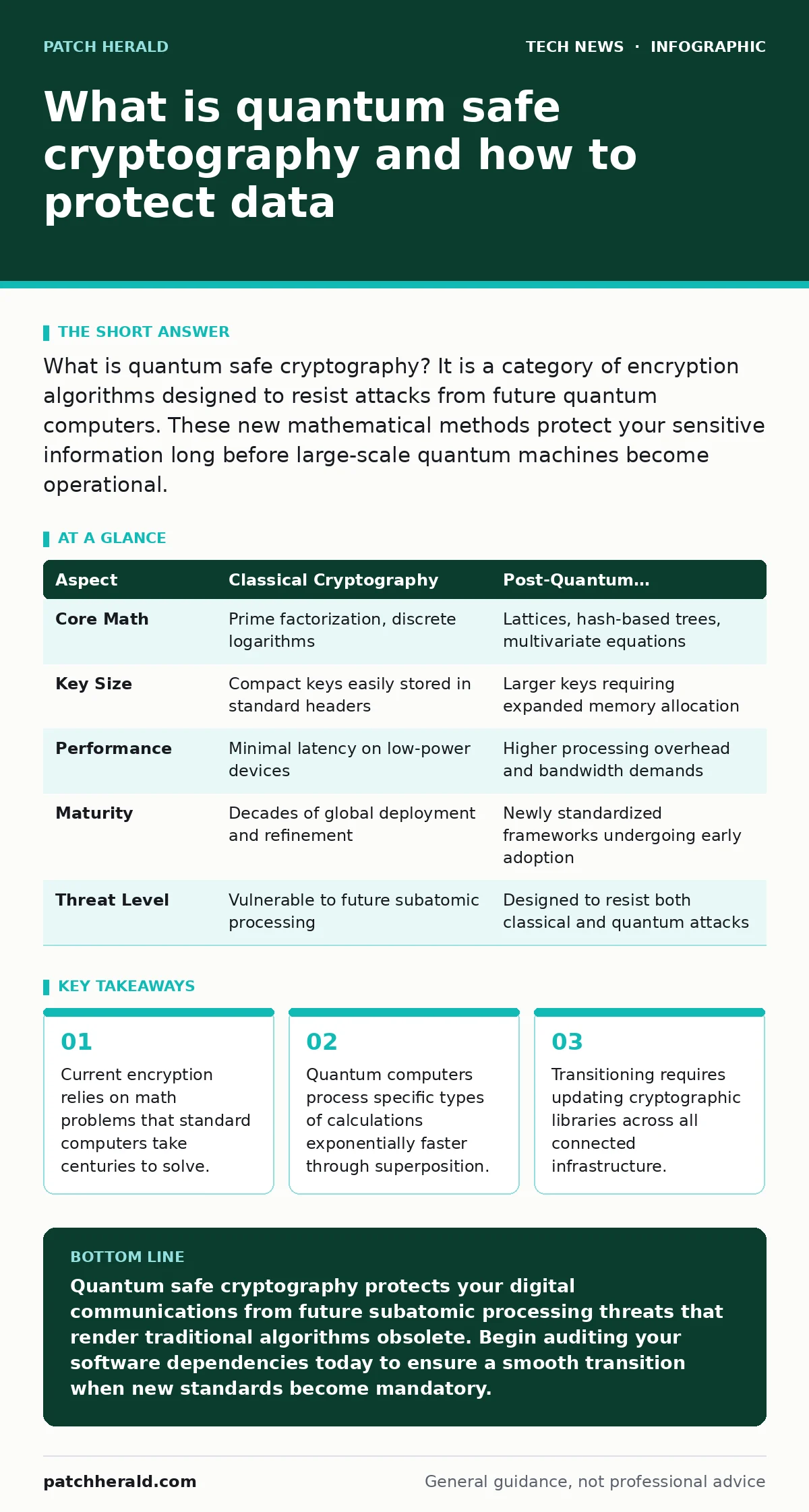 Infographic: What is quantum safe cryptography and how to protect data. Current encryption relies on math problems that standard computers take centuries to solve. Quantum computers process specific types of calculations exponentially faster through superposition. Transitioning requires updating cry