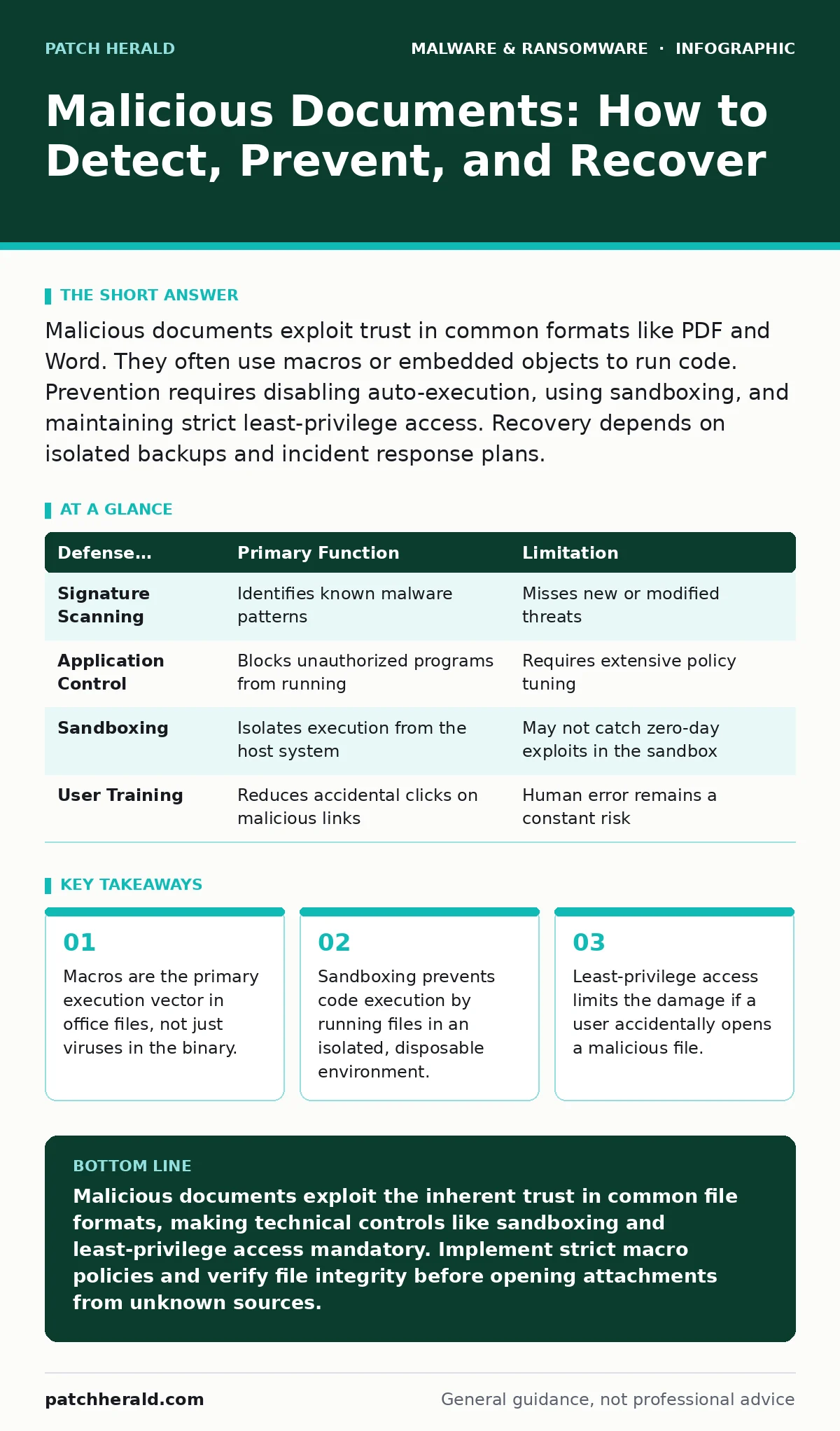 Infographic: Malicious Documents: How to Detect, Prevent, and Recover. Macros are the primary execution vector in office files, not just viruses in the binary. Sandboxing prevents code execution by running files in an isolated, disposable environment. Least-privilege access limits the damage if a us