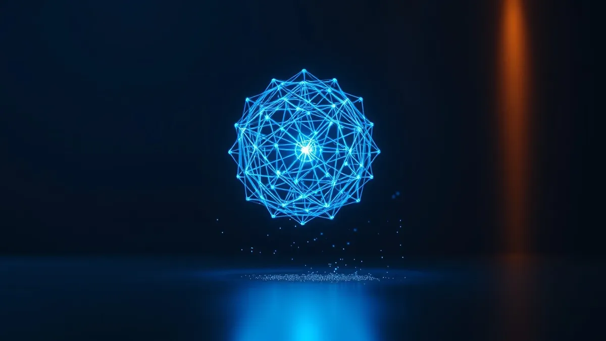 Illustration: A glowing blue geometric sphere floats in mid-air, composed of intricate interconnected nodes and lines.