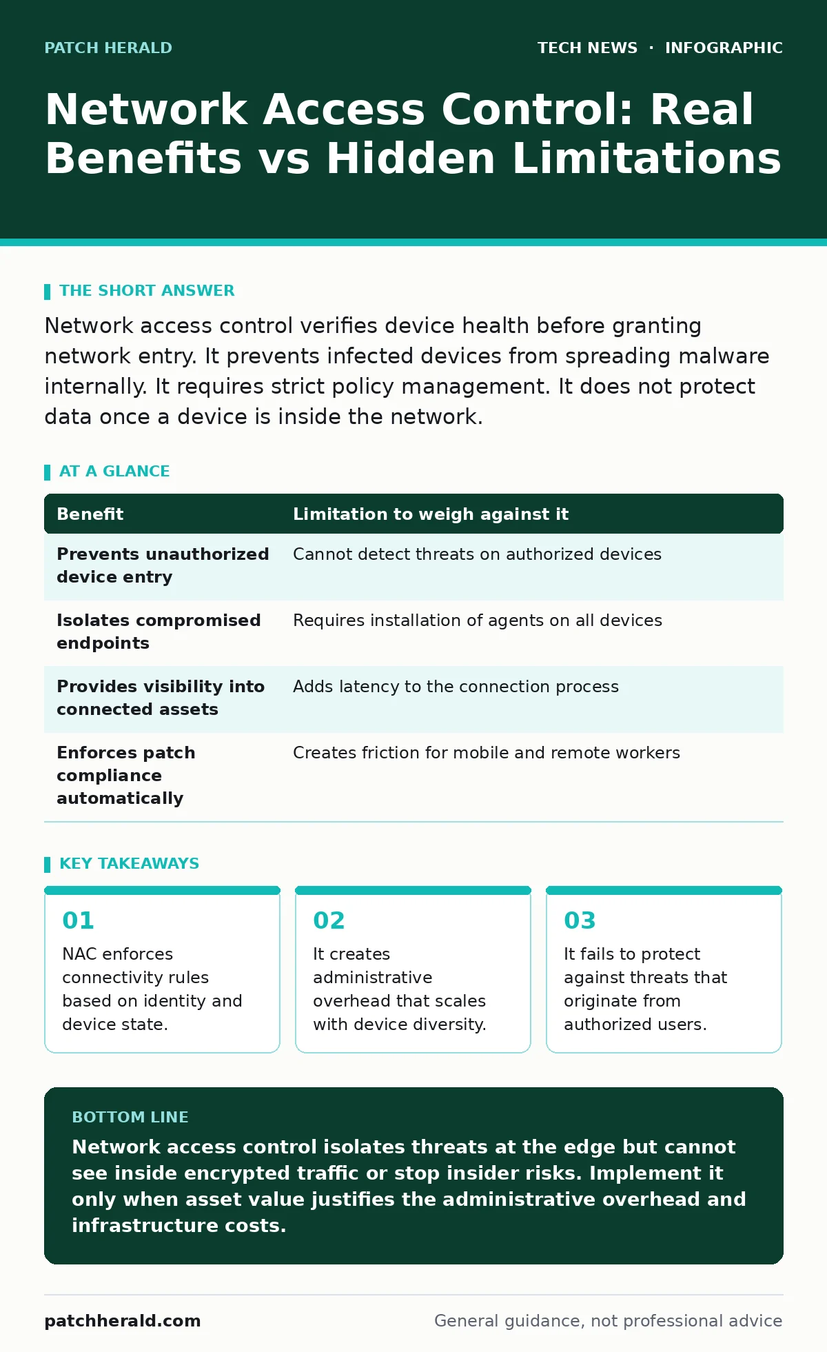Infographic: Network Access Control: Real Benefits vs Hidden Limitations. NAC enforces connectivity rules based on identity and device state. It creates administrative overhead that scales with device diversity. It fails to protect against threats that originate from authorized users.