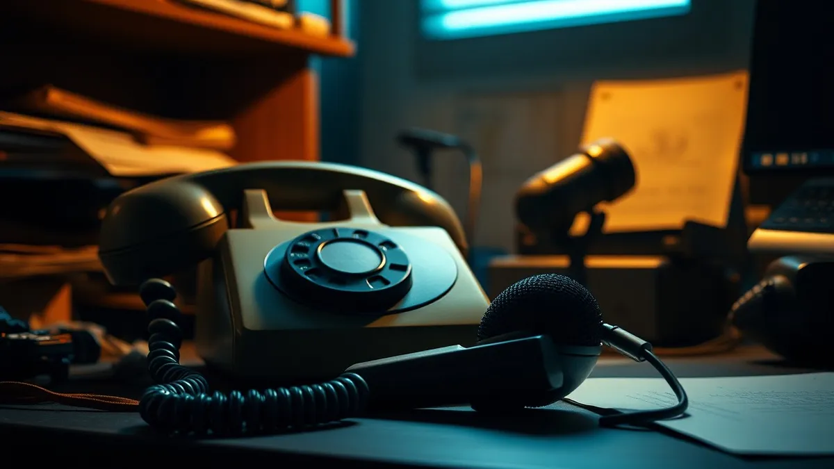 Illustration: A vintage rotary telephone sits on a cluttered office desk.