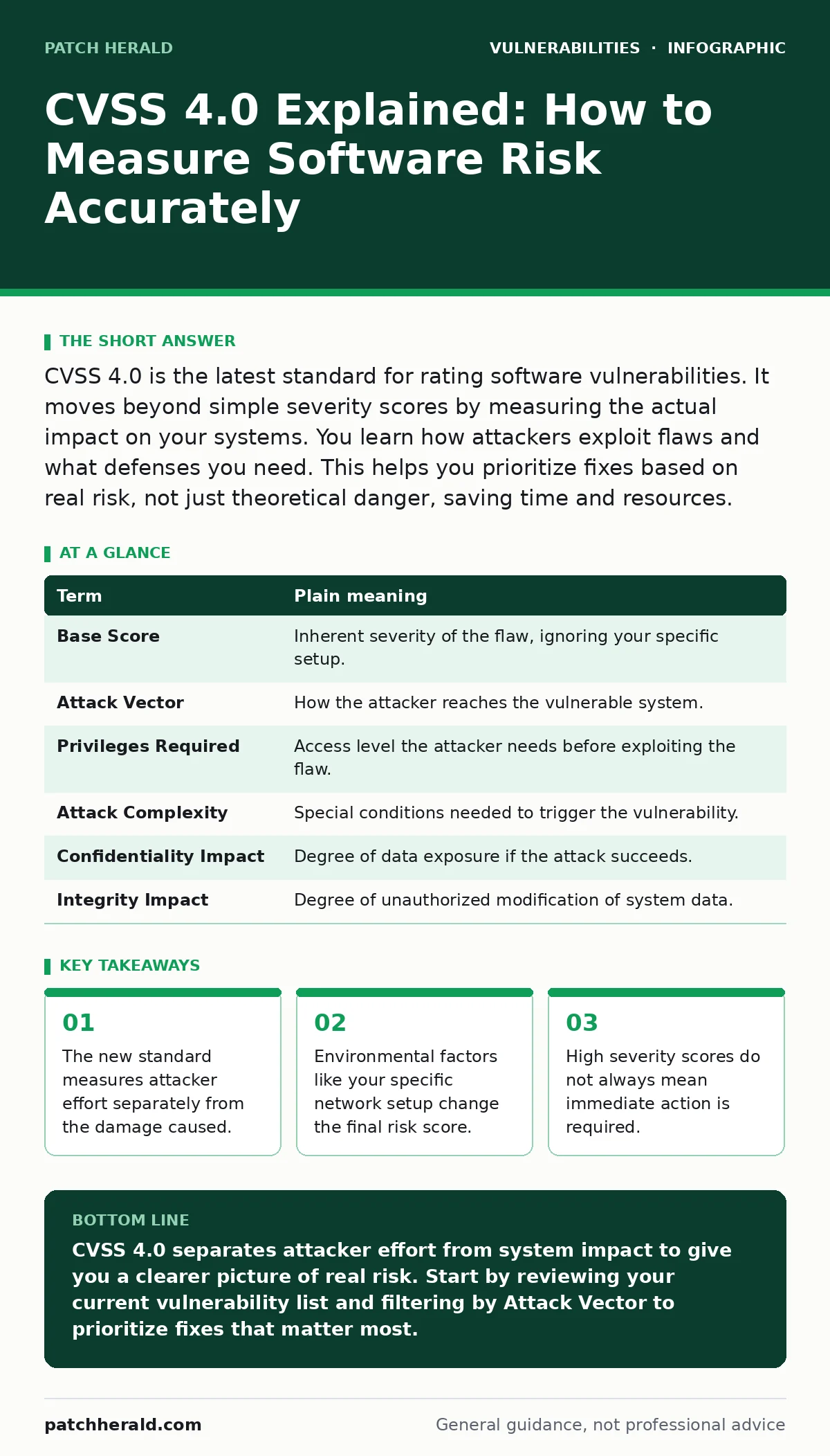 Infographic: CVSS 4.0 Explained: How to Measure Software Risk Accurately. The new standard measures attacker effort separately from the damage caused. Environmental factors like your specific network setup change the final risk score. High severity scores do not always mean immediate action is requi