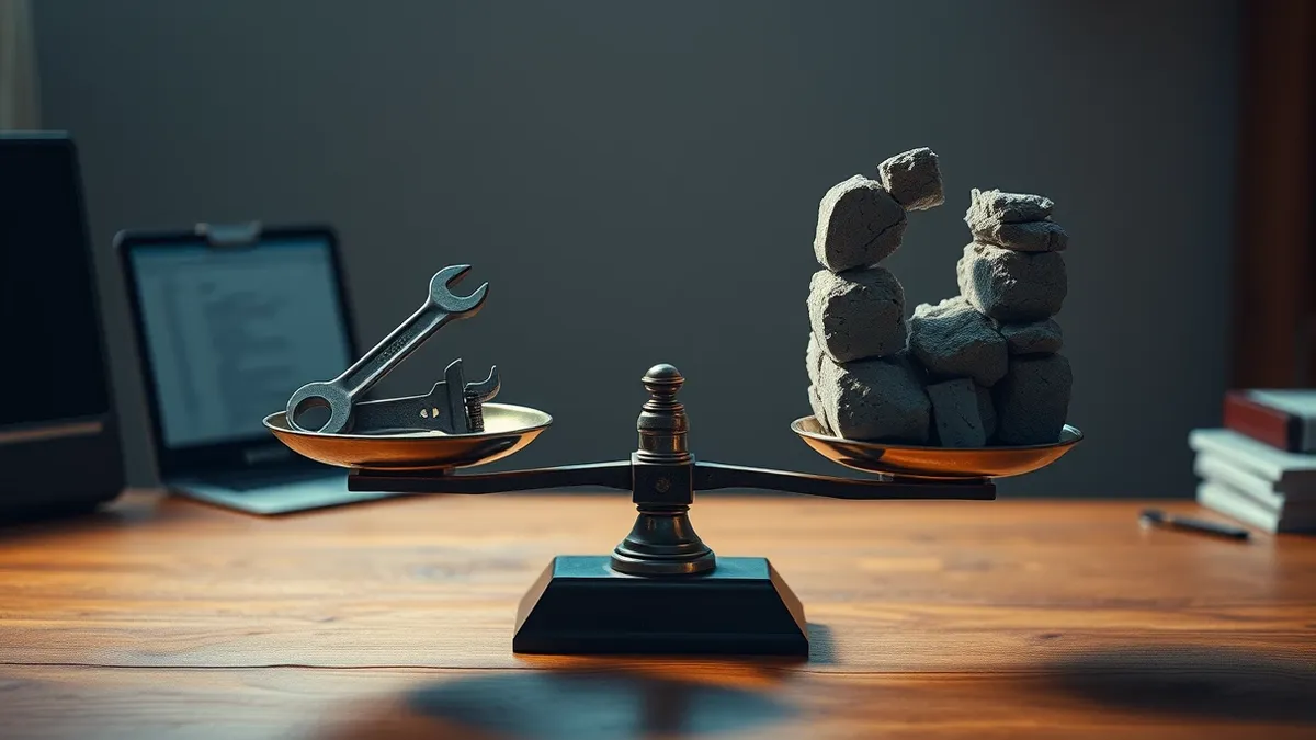 Illustration: A balance scale sits on a wooden desk, its left pan holding a small, heavy wrench while the right pan holds a large, crumbling stone wall.