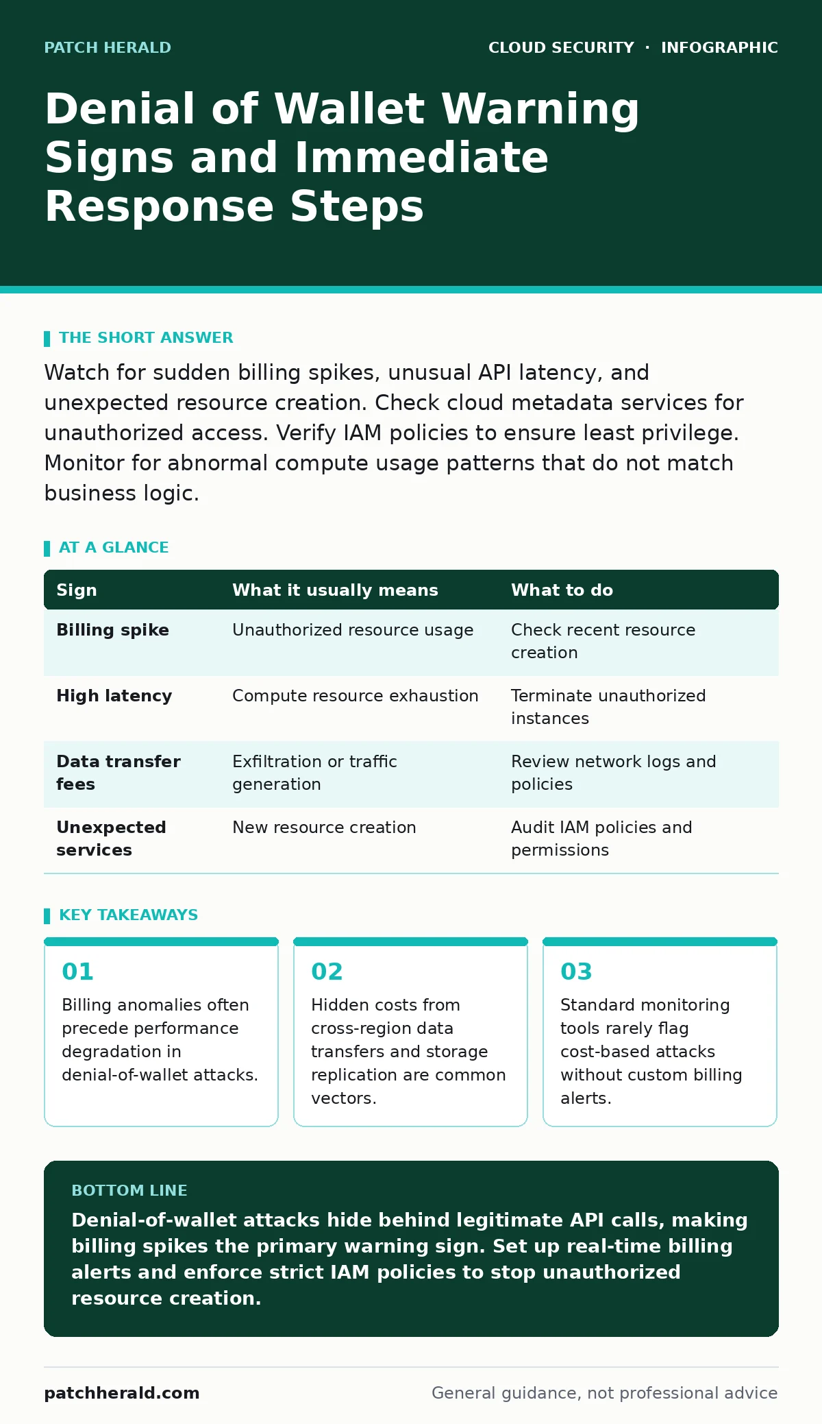 Infographic: Denial of Wallet Warning Signs and Immediate Response Steps. Billing anomalies often precede performance degradation in denial-of-wallet attacks. Hidden costs from cross-region data transfers and storage replication are common vectors. Standard monitoring tools rarely flag cost-based at