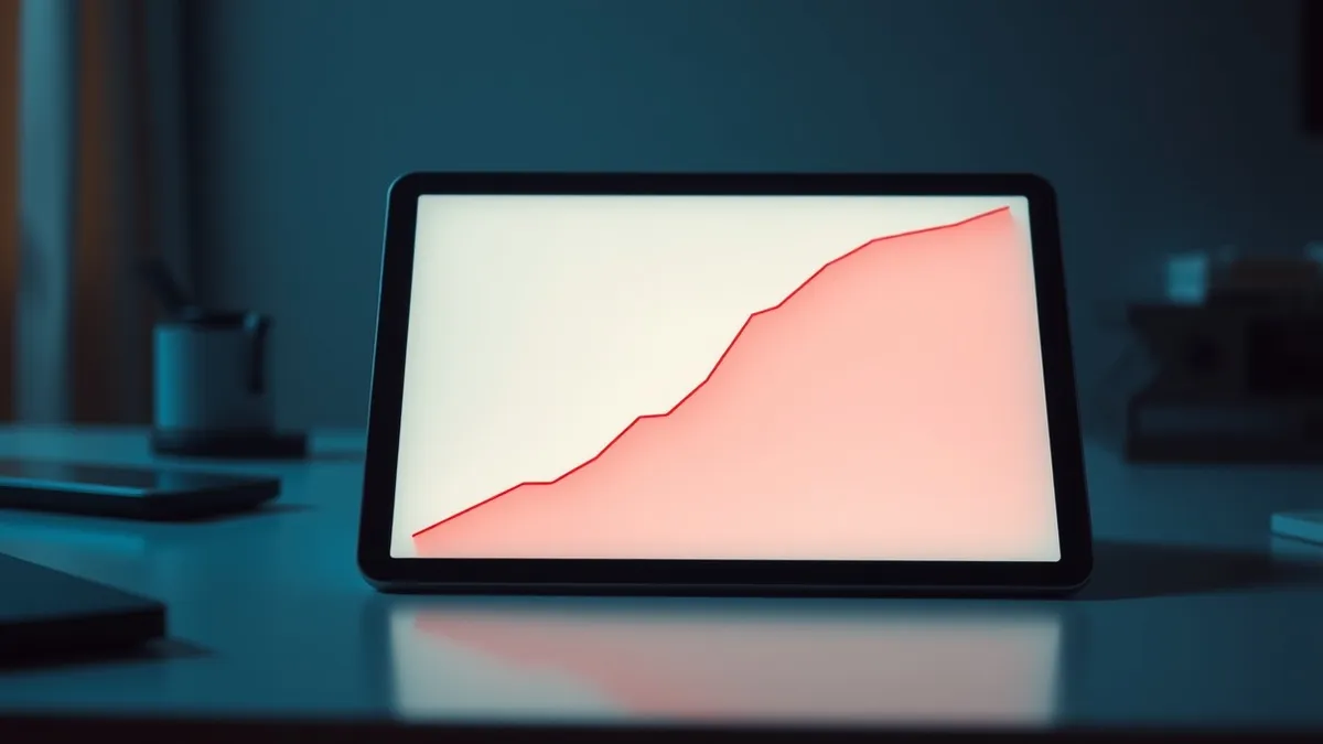 Illustration: A sleek tablet rests on a minimalist desk, displaying a single interface with a steep red line shooting upward against a white background.