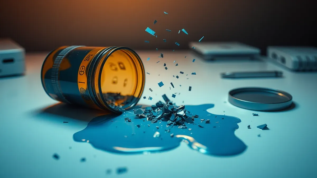 Illustration: A cracked open database container spills jagged blue liquid onto a white desk.