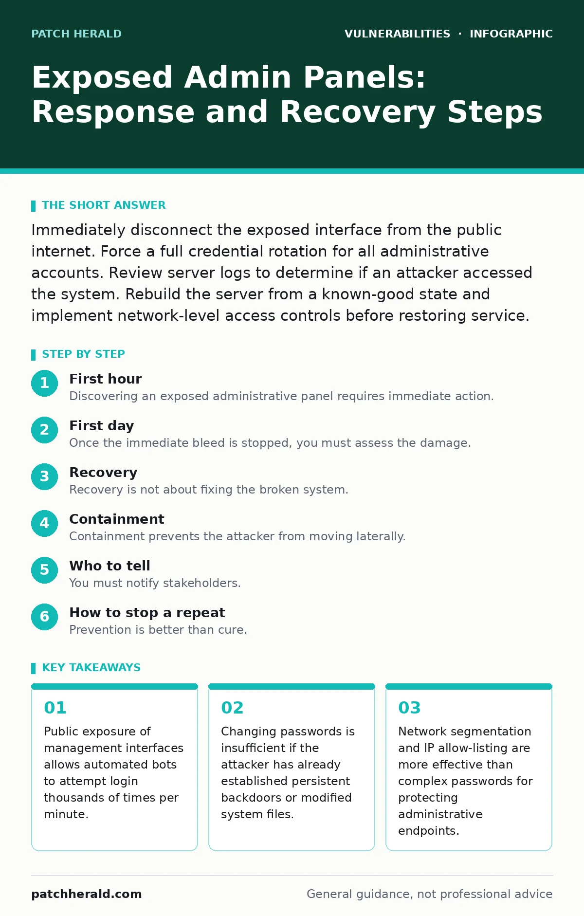 Infographic: Exposed Admin Panels: Response and Recovery Steps. Public exposure of management interfaces allows automated bots to attempt login thousands of times per minute. Changing passwords is insufficient if the attacker has already established persistent backdoors or modified system files. Net
