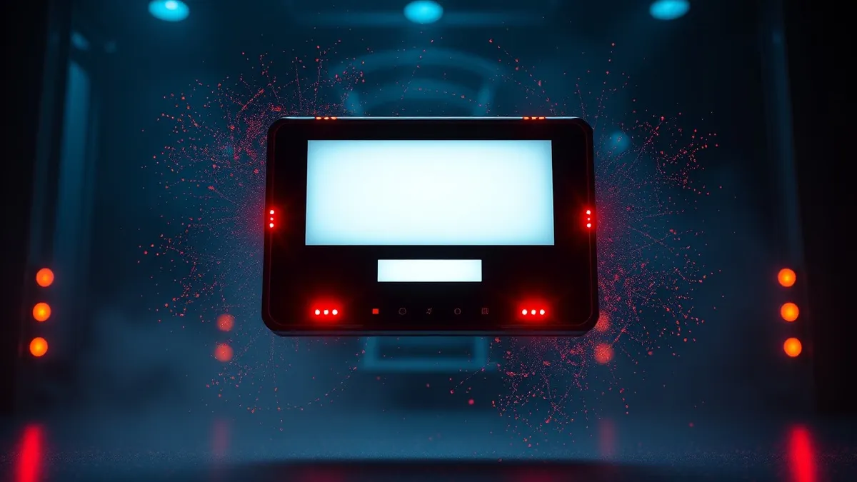 Illustration: A sleek black login panel floats in mid-air, its blank white field surrounded by swirling digital dust.