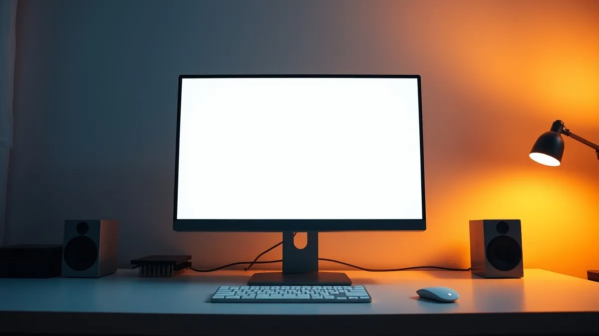 Illustration: A sleek desktop monitor sits on a clean desk, displaying a blank white webpage framed by thin gray browser borders.