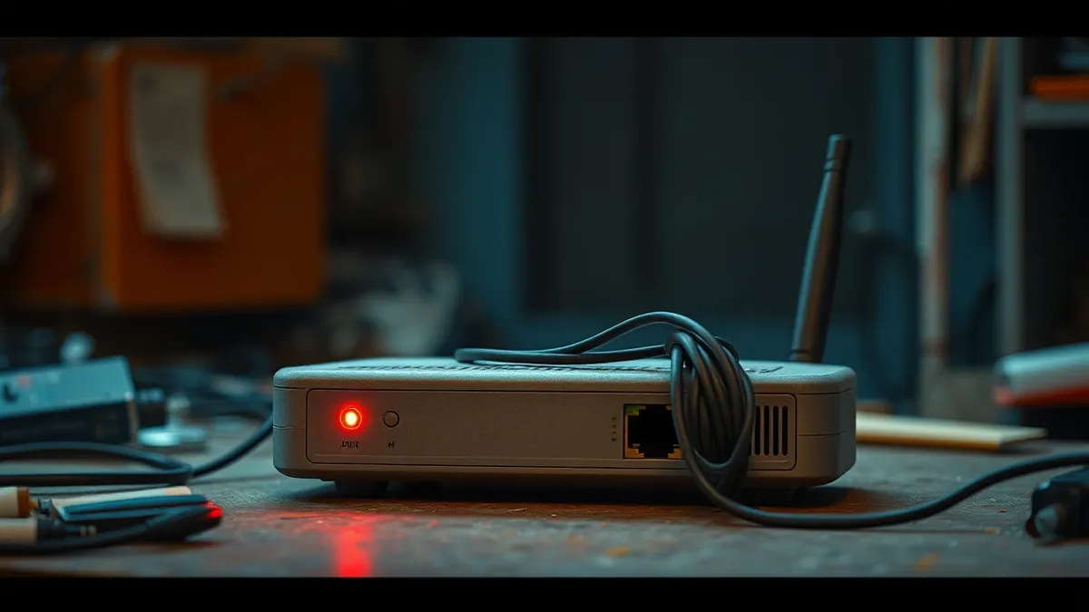 Illustration: A dusty grey industrial router sits alone on a cluttered workbench, its single red status light blinking erratically.