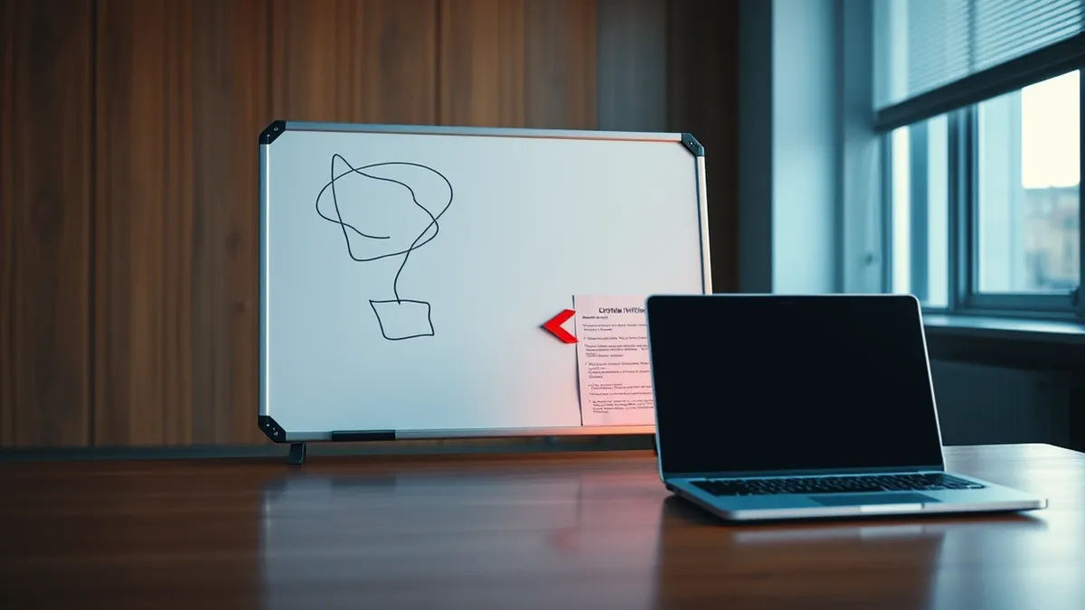 Illustration: A whiteboard with abstract geometric shapes sits on a wooden desk next to a closed laptop.