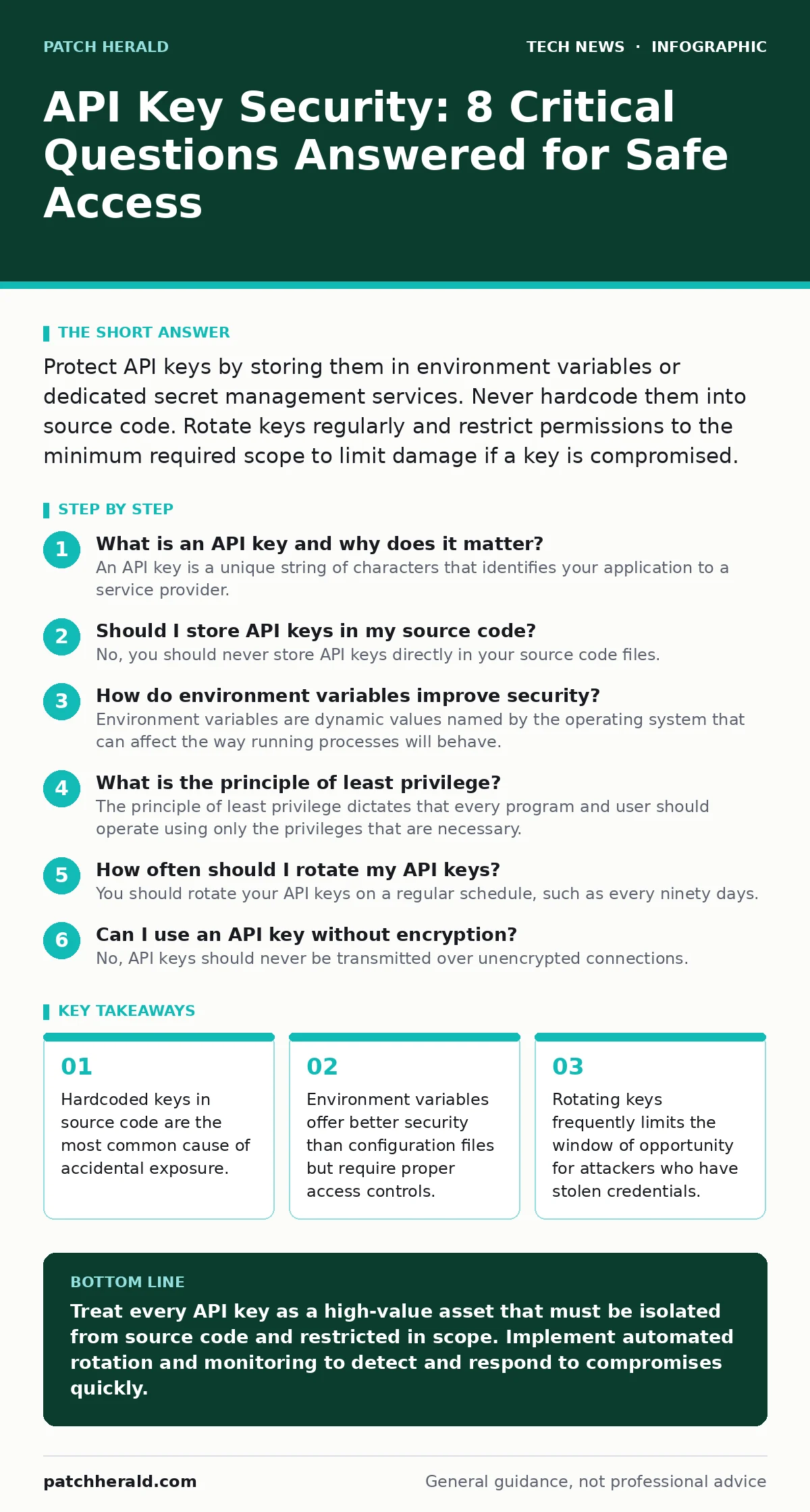 Infographic: API Key Security: 8 Critical Questions Answered for Safe Access. Hardcoded keys in source code are the most common cause of accidental exposure. Environment variables offer better security than configuration files but require proper access controls. Rotating keys frequently limits the w