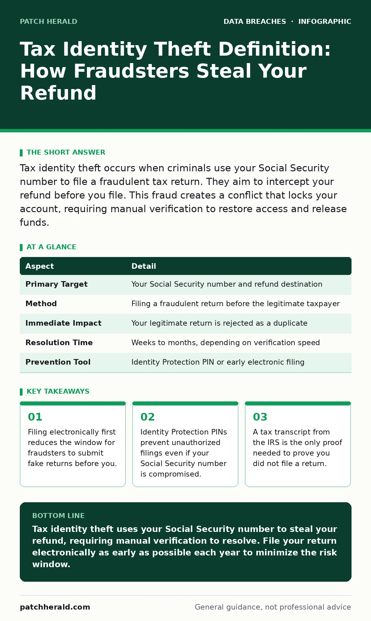 Infographic: Tax Identity Theft Definition: How Fraudsters Steal Your Refund. Filing electronically first reduces the window for fraudsters to submit fake returns before you. Identity Protection PINs prevent unauthorized filings even if your Social Security number is compromised. A tax transcript fr