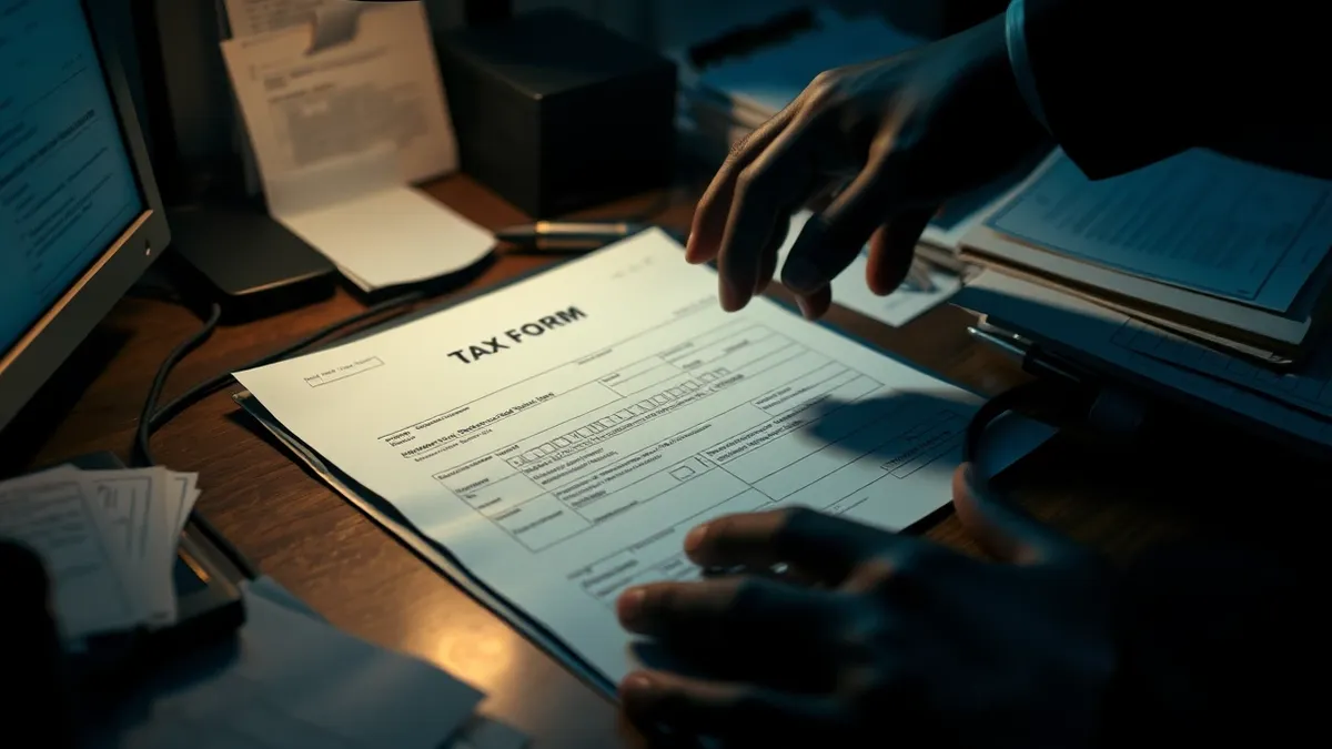 Illustration: A blank paper tax form lies on a cluttered desk, half-covered by a black hand reaching out from the shadows to snatch it.