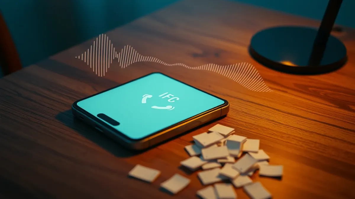 Illustration: A smartphone rests on a wooden table, its screen displaying a blank incoming call interface with a generic contact icon.