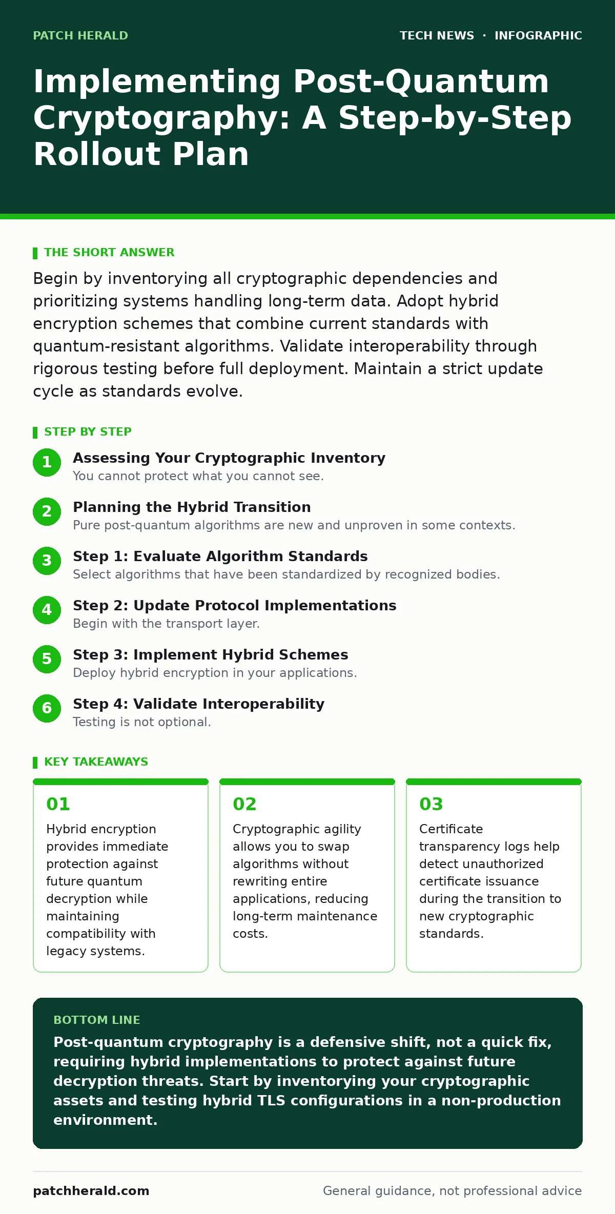 Infographic: Implementing Post-Quantum Cryptography: A Step-by-Step Rollout Plan. Hybrid encryption provides immediate protection against future quantum decryption while maintaining compatibility with legacy systems. Cryptographic agility allows you to swap algorithms without rewriting entire applic