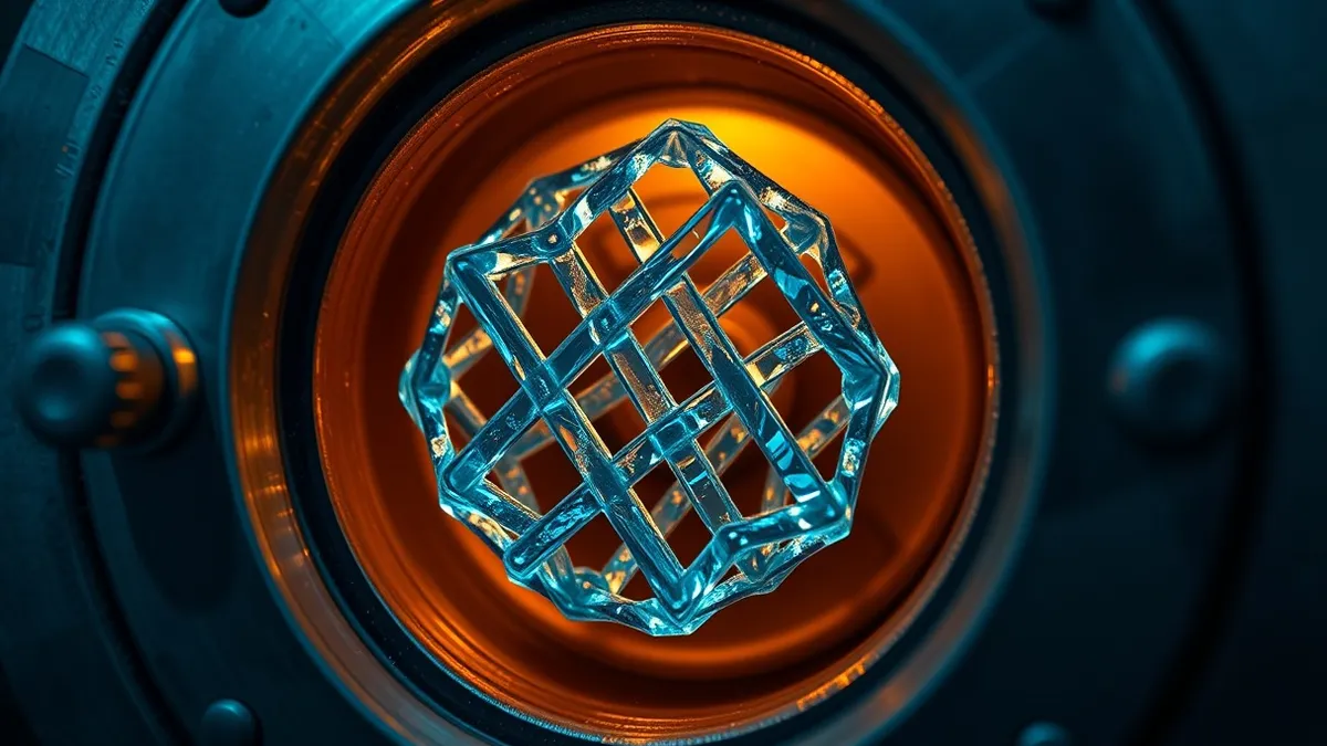 Illustration: A complex geometric lattice structure made of glowing translucent blue crystals replaces a traditional solid key inside a metallic vault lock.