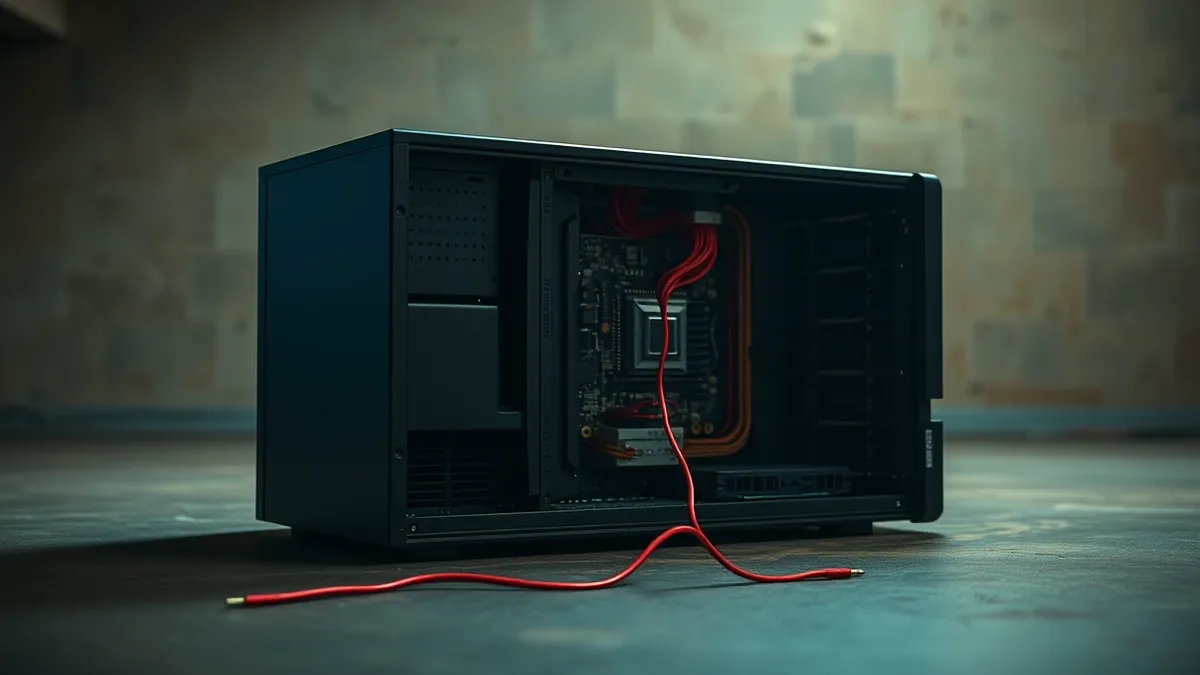 Illustration: A sleek black server chassis sits on a concrete floor with its side panel removed to expose the internal circuitry.