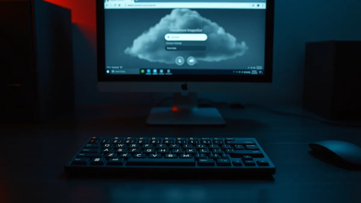 Illustration: A dark office desk holds a single, isolated keyboard with glowing keys.