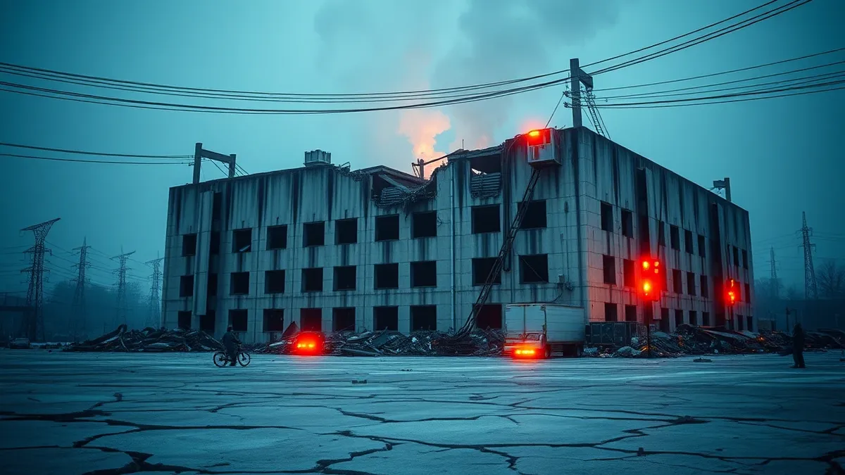 Illustration: A massive concrete data center building sits in ruins with its roof torn open and smoke rising from the damaged structure.