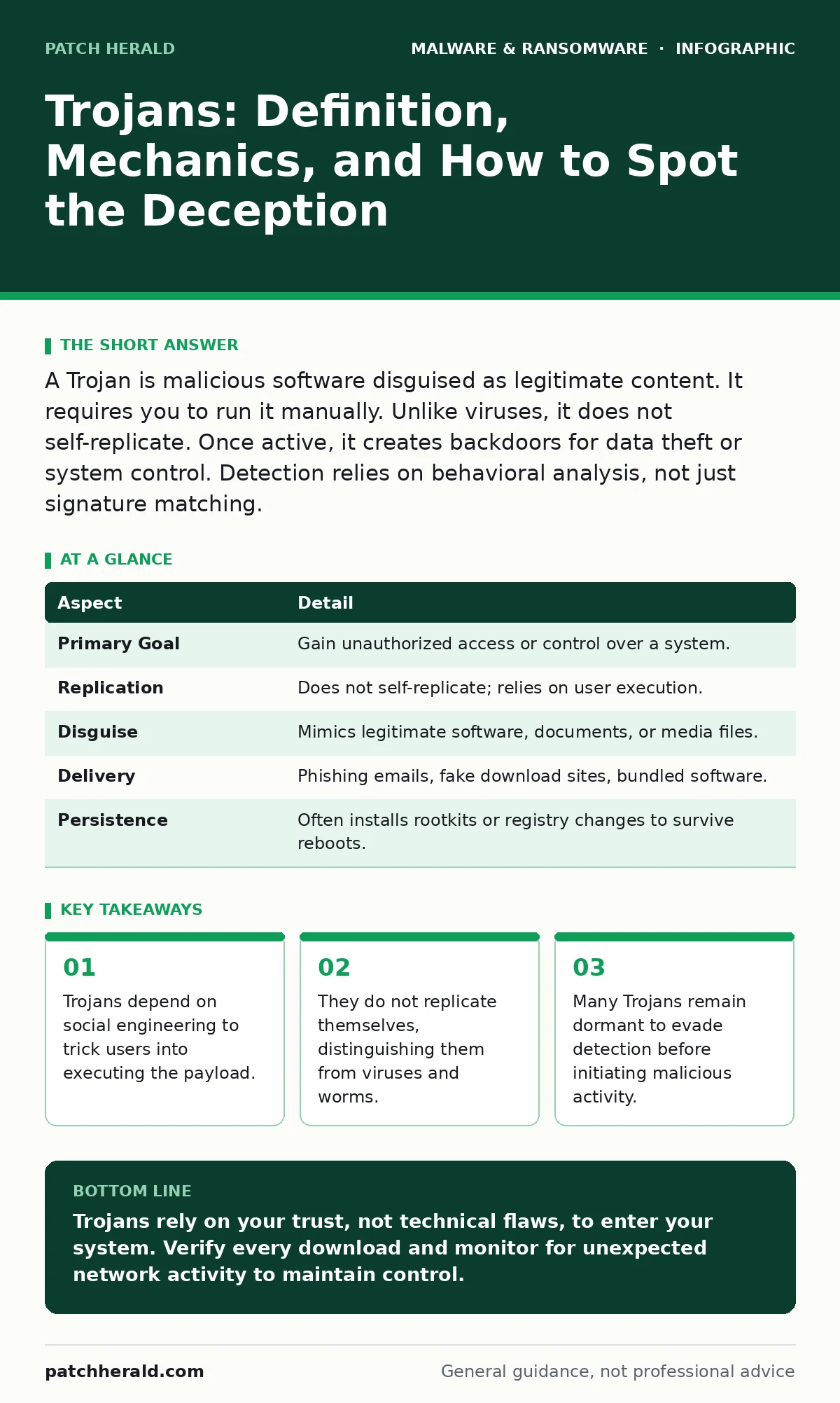 Infographic: Trojans: Definition, Mechanics, and How to Spot the Deception. Trojans depend on social engineering to trick users into executing the payload. They do not replicate themselves, distinguishing them from viruses and worms. Many Trojans remain dormant to evade detection before initiating m