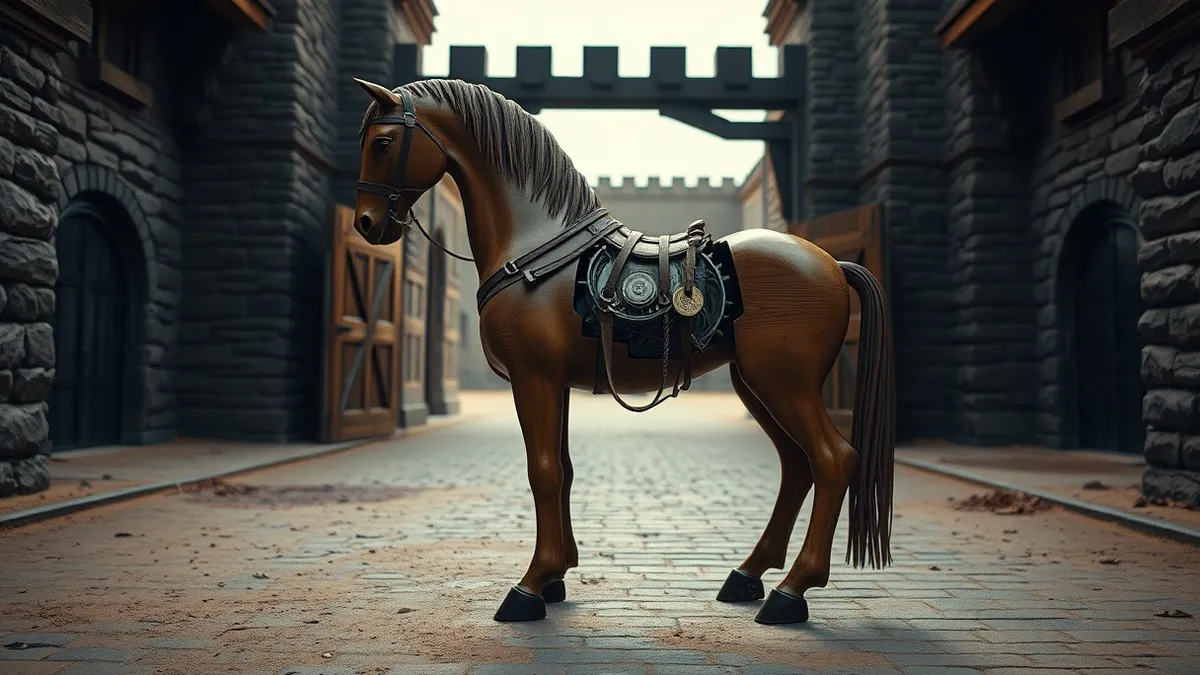 Illustration: A polished wooden horse sits on a dusty cobblestone street beside an open wooden city gate.