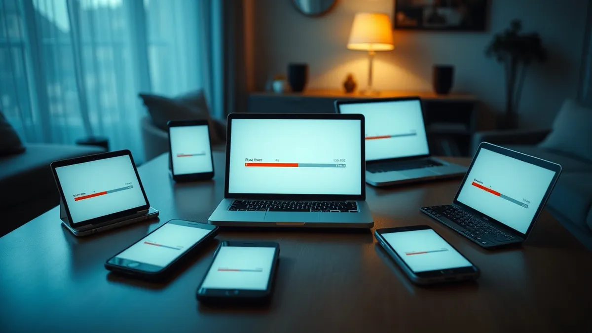 Illustration: A modern living room table holds six smartphones and two laptops arranged in a circle, each displaying a single identical progress bar on a blank screen that is stuck