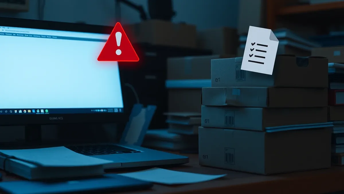 Illustration: A cluttered desktop holds a laptop displaying a blank software interface alongside a stack of unopened inventory boxes.