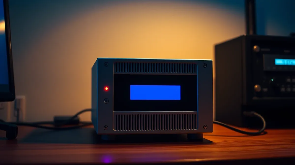 Illustration: A small, silver database appliance sits on a wooden desk.
