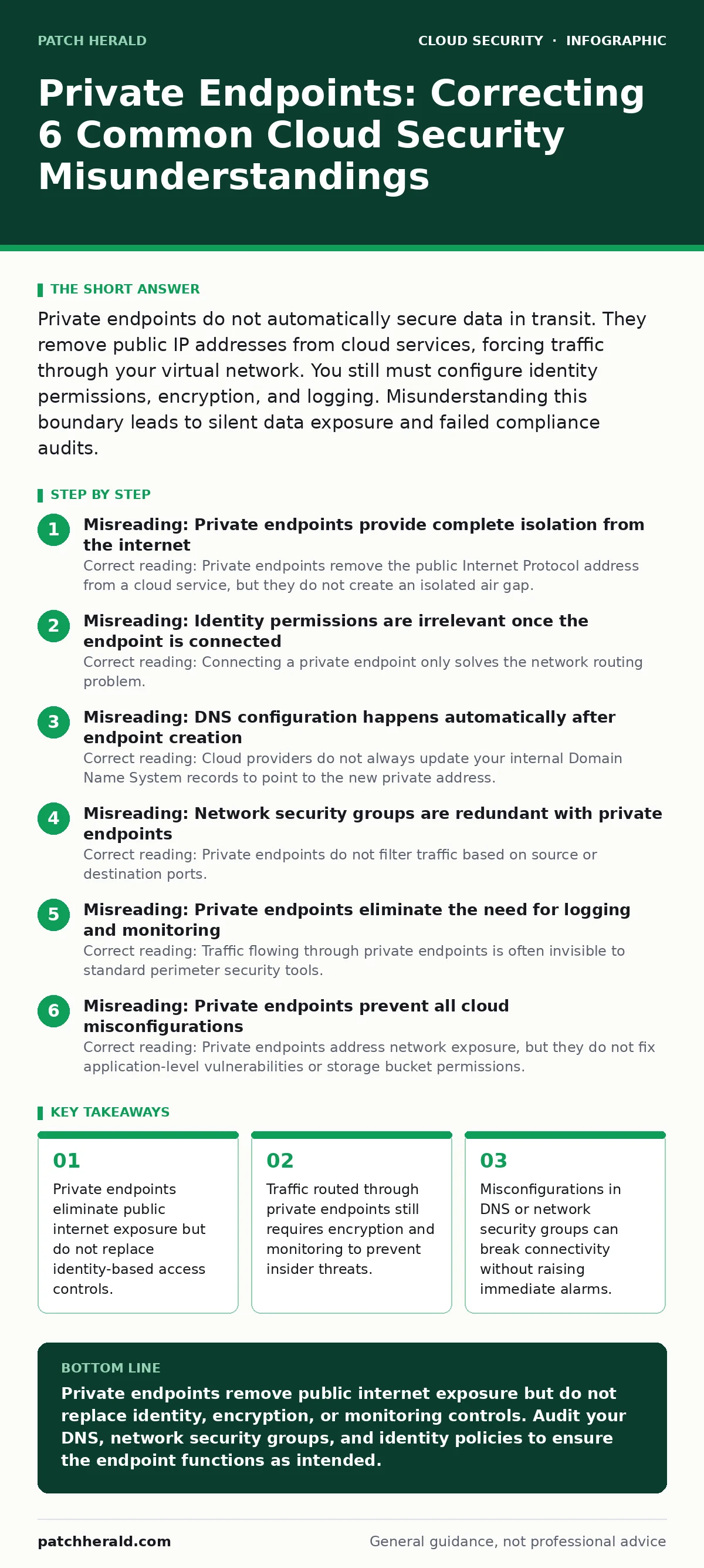 Infographic: Private Endpoints: Correcting 6 Common Cloud Security Misunderstandings. Private endpoints eliminate public internet exposure but do not replace identity-based access controls. Traffic routed through private endpoints still requires encryption and monitoring to prevent insider threats.