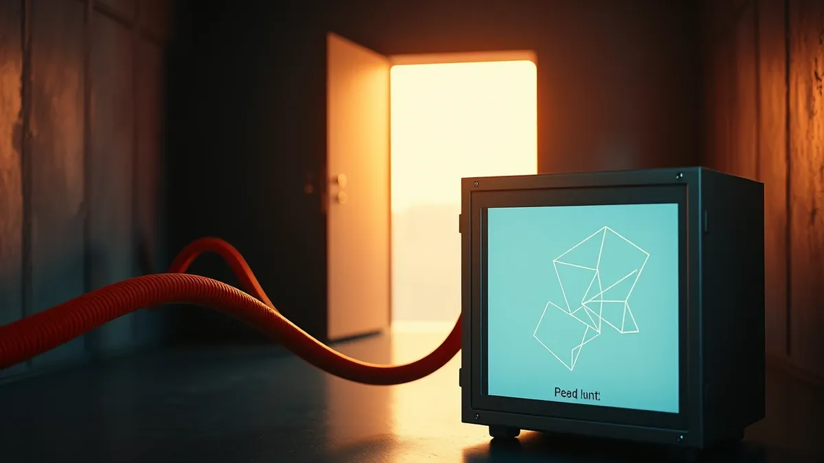 Illustration: A thick red cable snakes through a dark tunnel, bypassing a bright, open doorway.