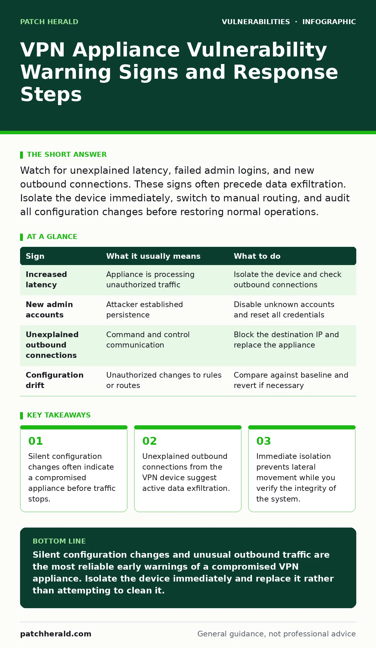 Infographic: VPN Appliance Vulnerability Warning Signs and Response Steps. Silent configuration changes often indicate a compromised appliance before traffic stops. Unexplained outbound connections from the VPN device suggest active data exfiltration. Immediate isolation prevents lateral movement wh