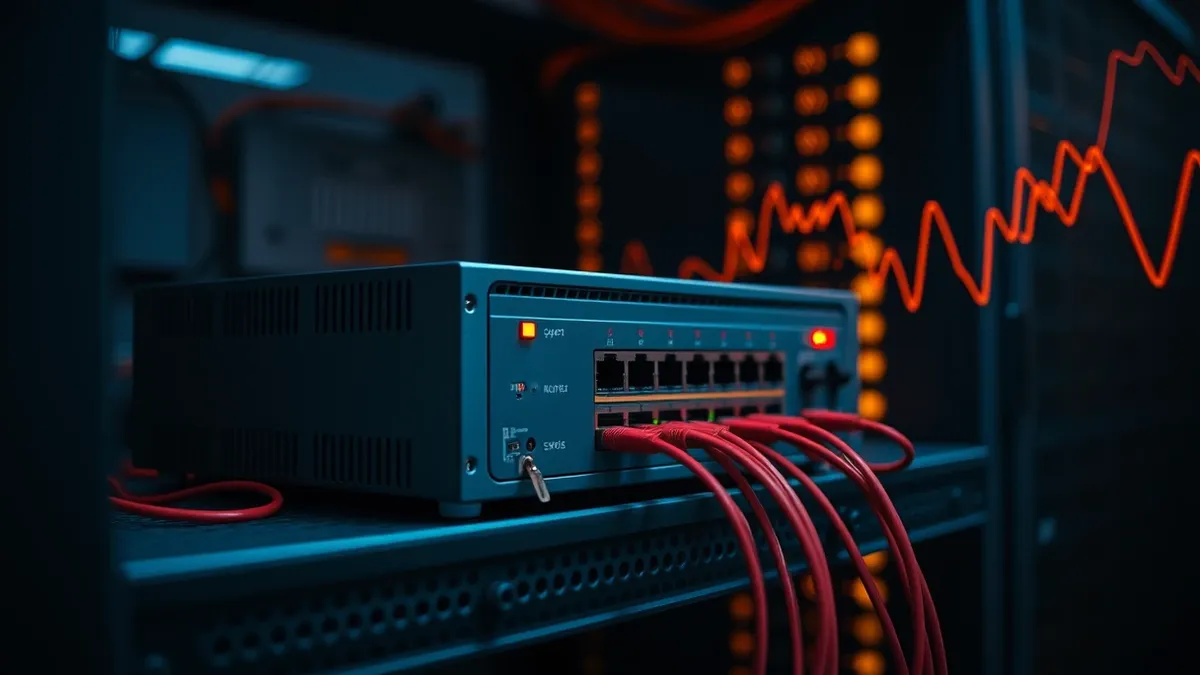 Illustration: A grey network appliance sits on a server shelf with its status lights flickering erratically.