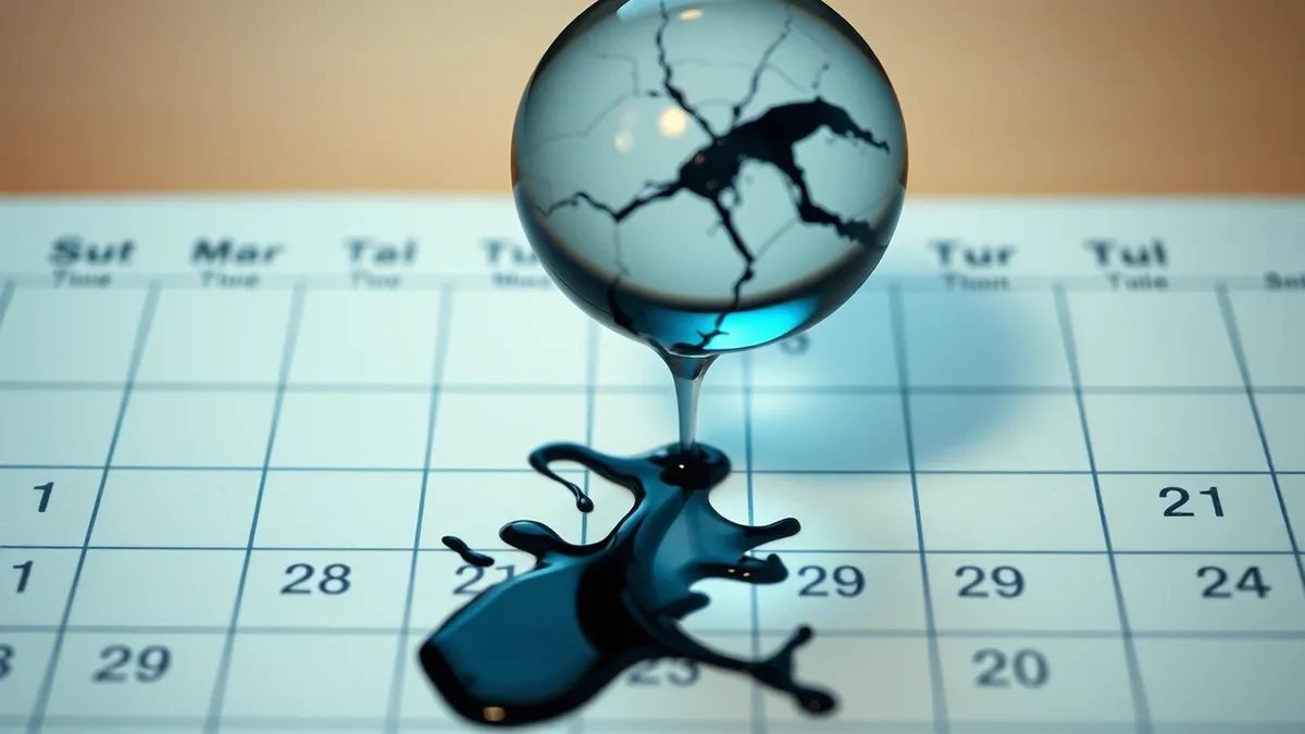 Illustration: A cracked glass marble floats above a blank white calendar grid, leaking dark ink that drips onto the empty date squares below.