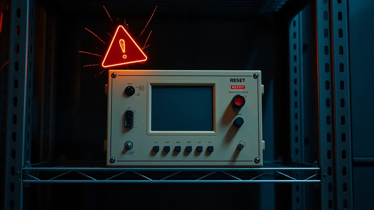 Illustration: A beige industrial controller sits on a metal shelf with a small blank screen.