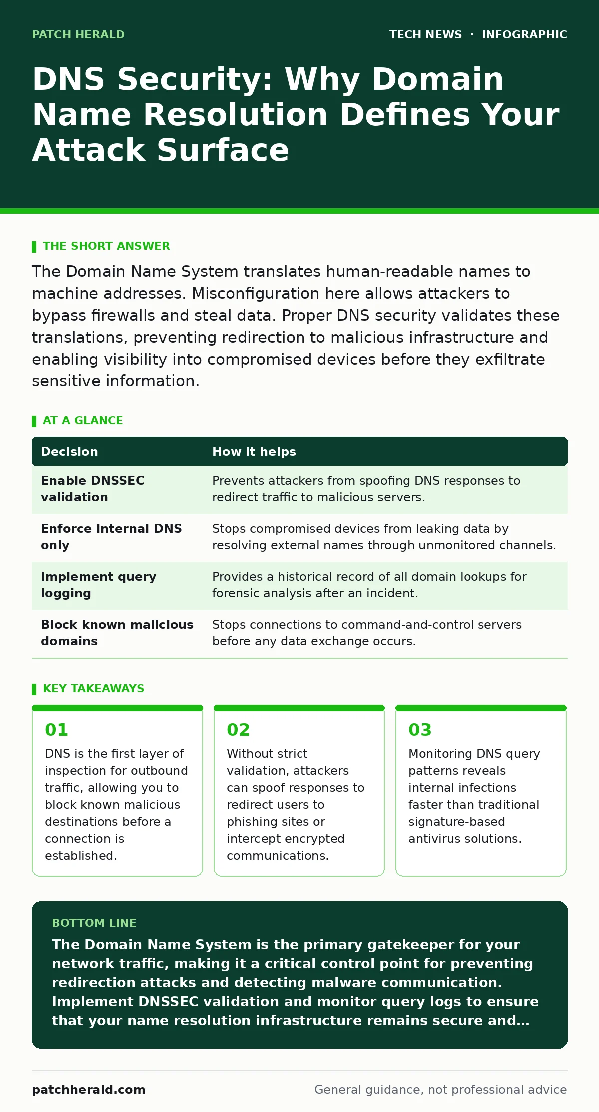 Infographic: DNS Security: Why Domain Name Resolution Defines Your Attack Surface. DNS is the first layer of inspection for outbound traffic, allowing you to block known malicious destinations before a connection is established. Without strict validation, attackers can spoof responses to redirect us