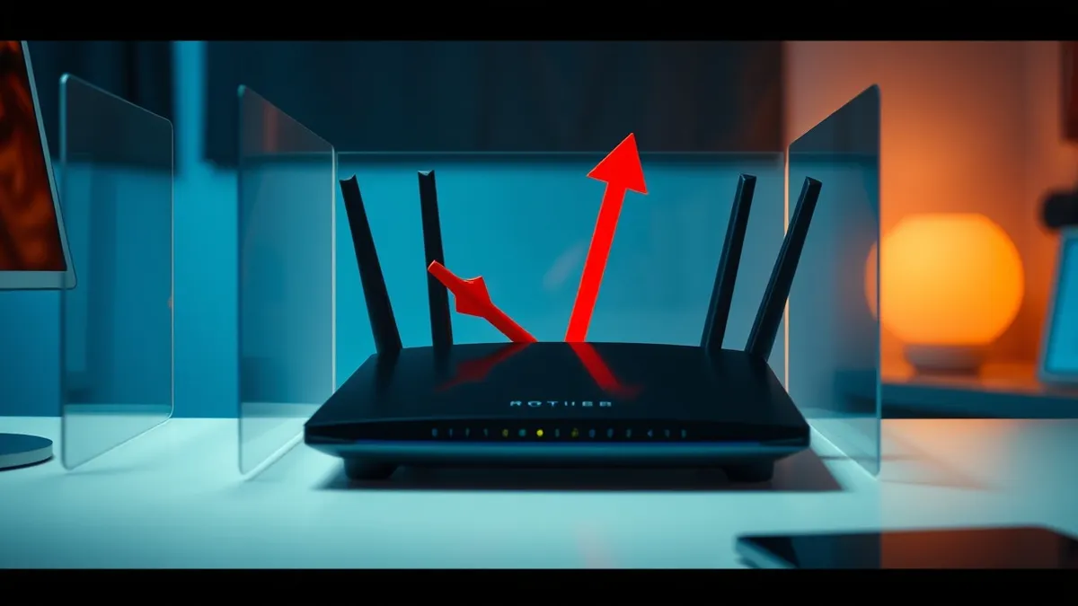 Illustration: A sleek black router sits on a white desk, surrounded by floating glass panels that act as invisible shields against incoming arrows.