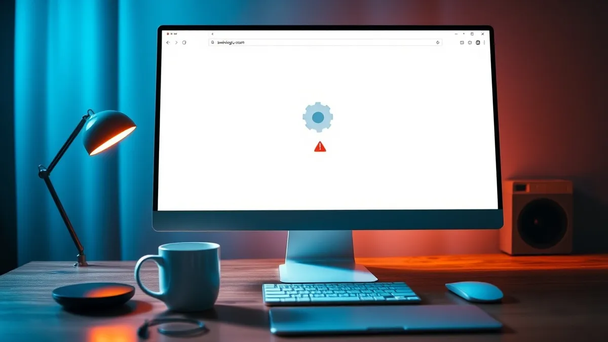 Illustration: A sleek white desktop computer sits on a wooden desk beside a coffee mug.