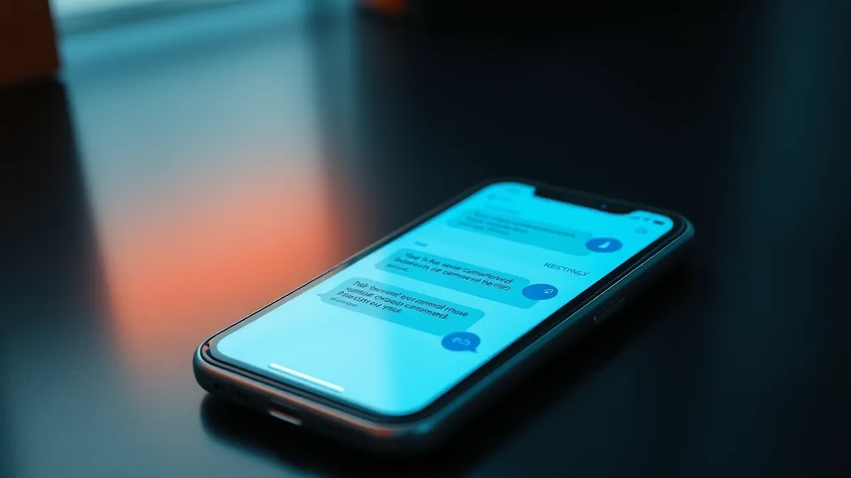 Illustration: A sleek smartphone rests on a dark surface, its screen displaying a generic messaging app interface with abstract blue chat bubbles.