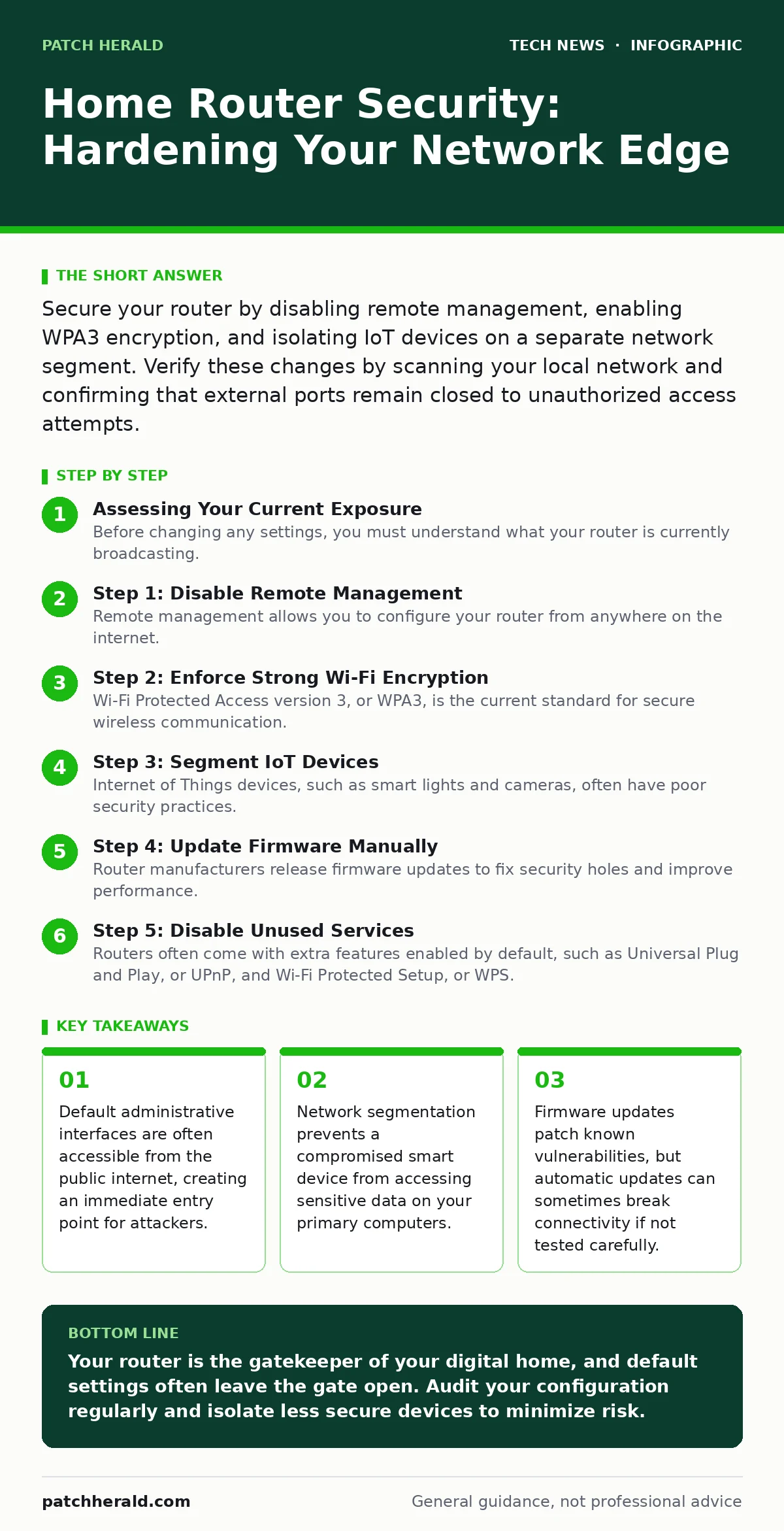 Infographic: Home Router Security: Hardening Your Network Edge. Default administrative interfaces are often accessible from the public internet, creating an immediate entry point for attackers. Network segmentation prevents a compromised smart device from accessing sensitive data on your primary com