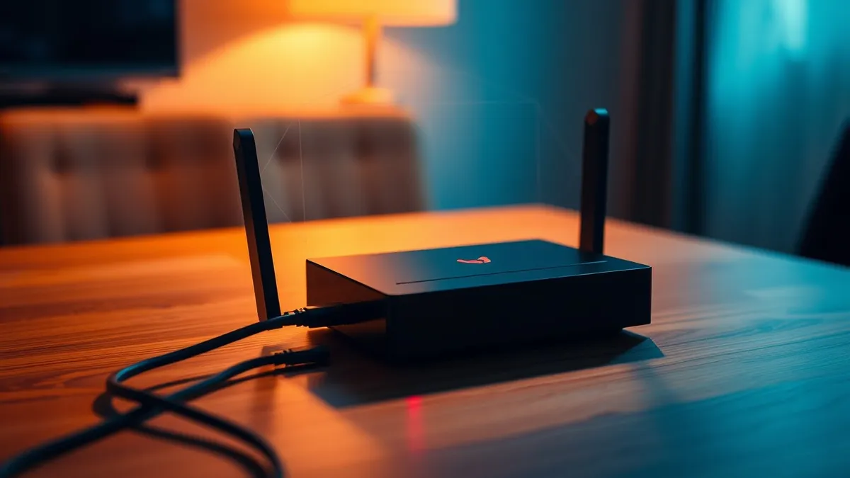 Illustration: A black rectangular home router sits on a wooden table with its ethernet cables unplugged, casting a sharp shadow.