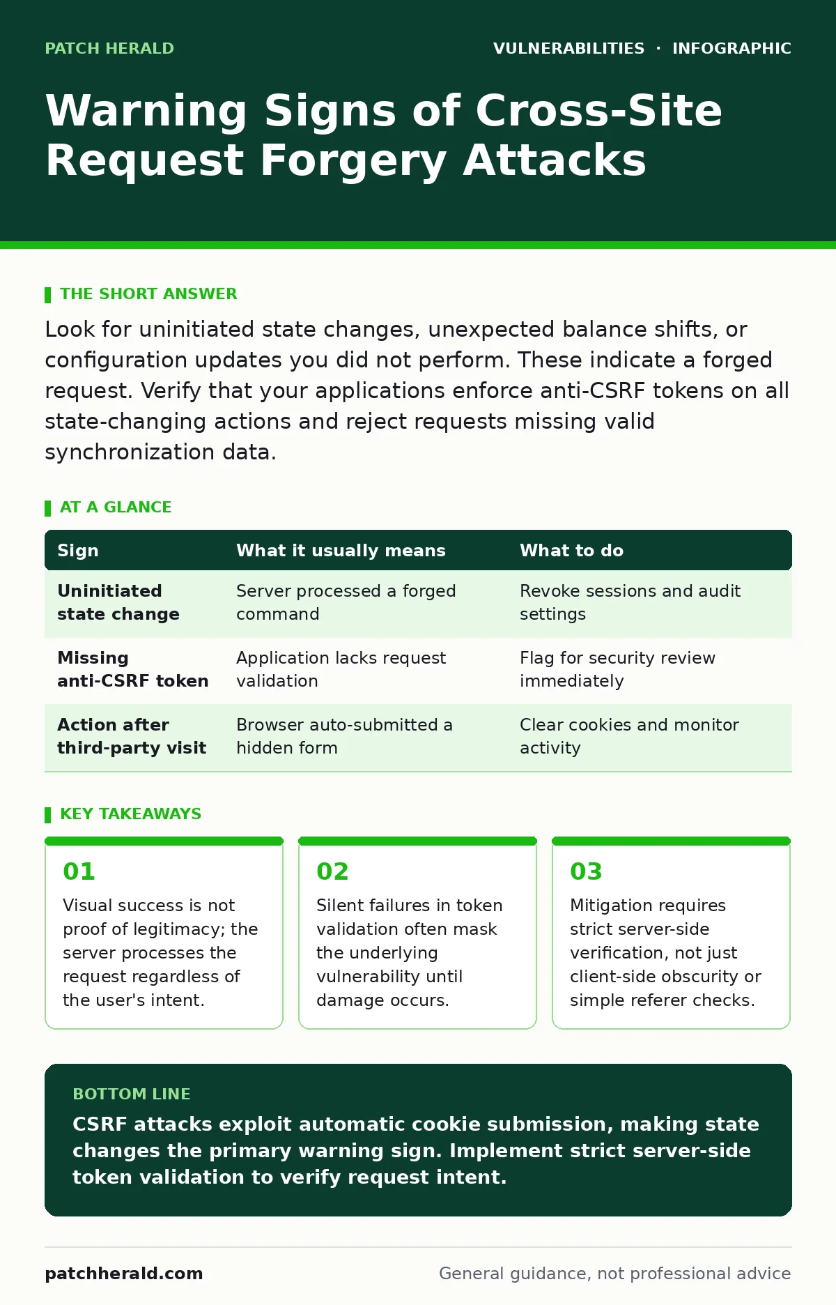 Infographic: Warning Signs of Cross-Site Request Forgery Attacks. Visual success is not proof of legitimacy; the server processes the request regardless of the user's intent. Silent failures in token validation often mask the underlying vulnerability until damage occurs. Mitigation requires strict s