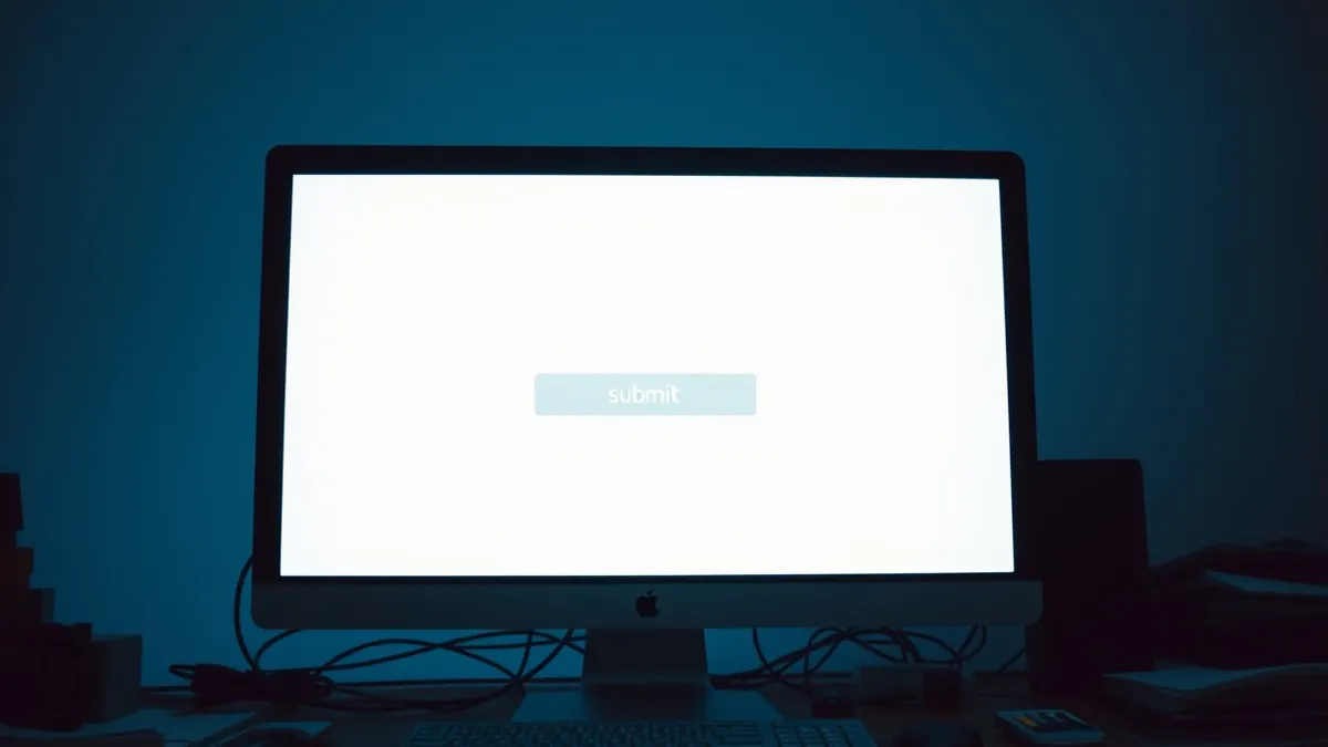 Illustration: A desktop computer sits on a cluttered desk, its monitor displaying a blank white browser window.