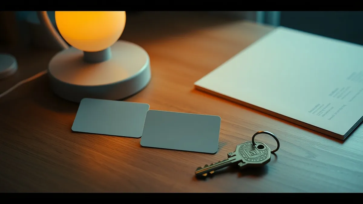 Illustration: A white desk lamp illuminates three separate keycards lying on a clean wooden surface.