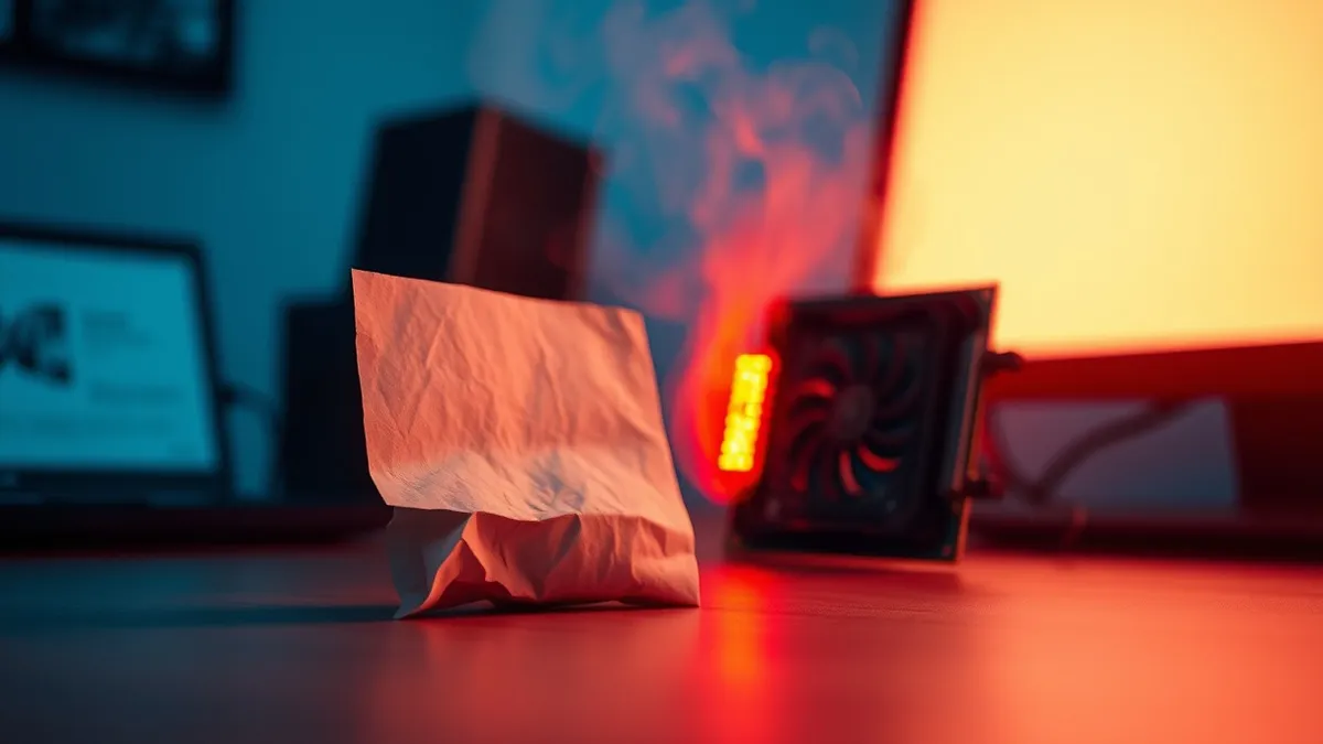 Illustration: A tiny crumpled piece of paper sits on a clean desk next to a smoking, overheating computer processor.