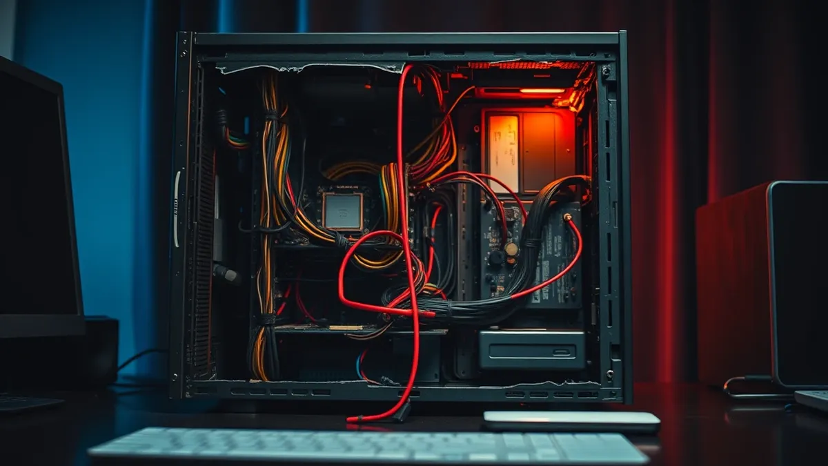 Illustration: A cracked server tower sits open on a dark desk, revealing a tangled mess of internal cables and exposed circuit boards.