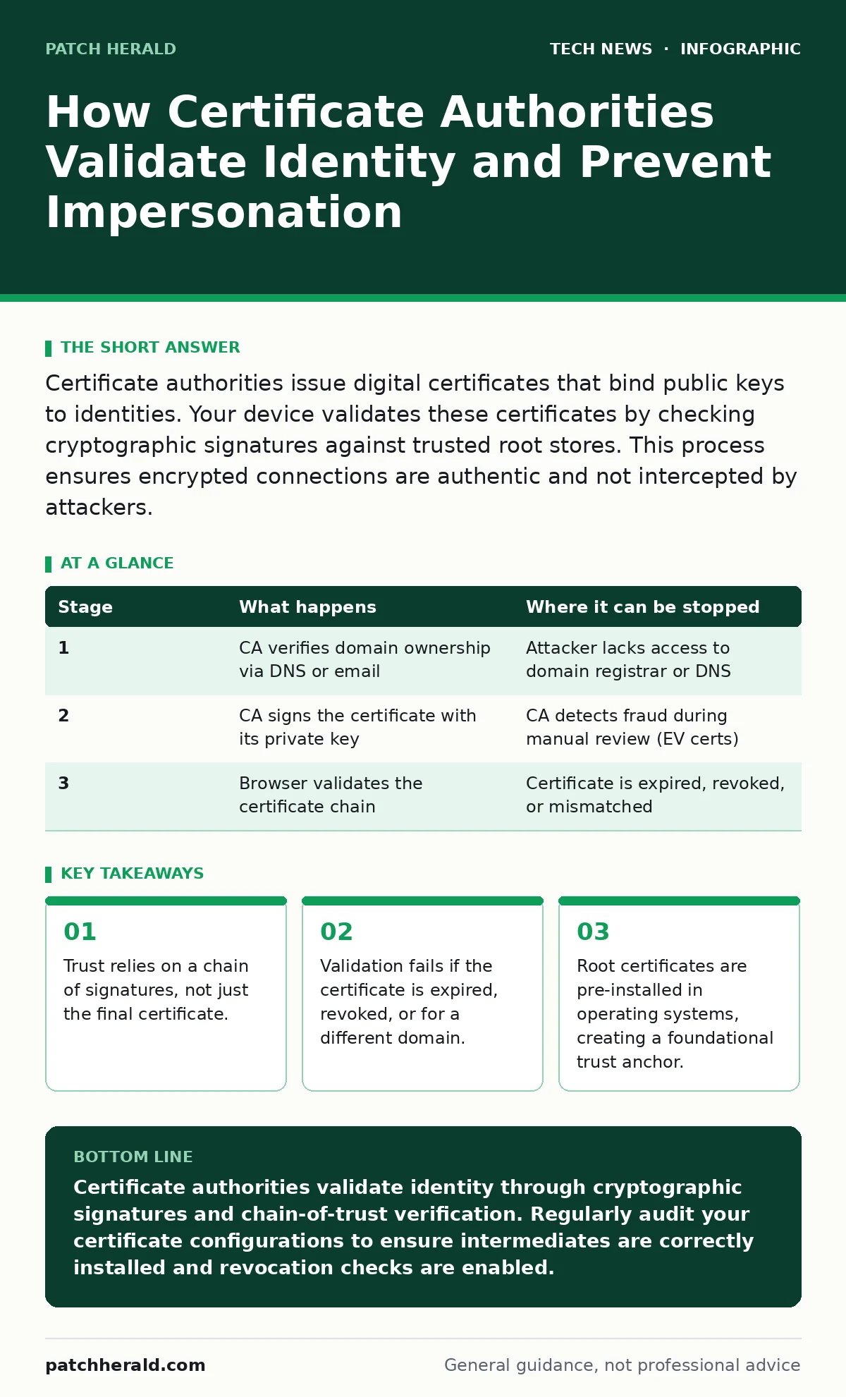 Infographic: How Certificate Authorities Validate Identity and Prevent Impersonation. Trust relies on a chain of signatures, not just the final certificate. Validation fails if the certificate is expired, revoked, or for a different domain. Root certificates are pre-installed in operating systems, c